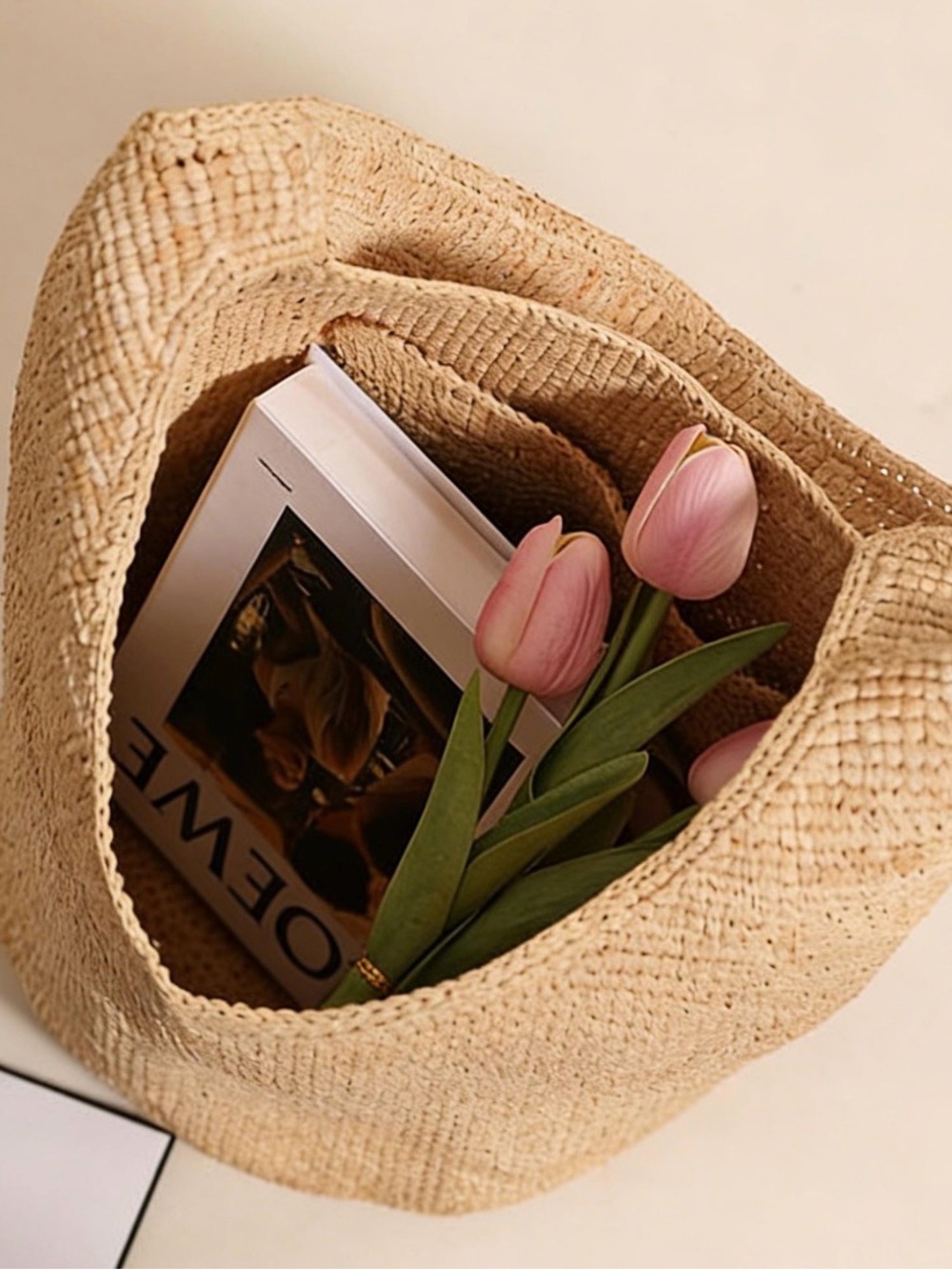 Natural Straw Knit Tote Bag - Neutral Beige - Picture 2 of 5